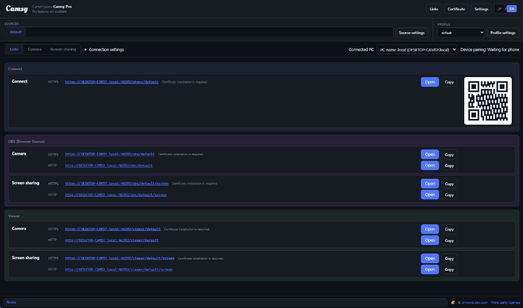 Camsy Connection and OBS Sources View